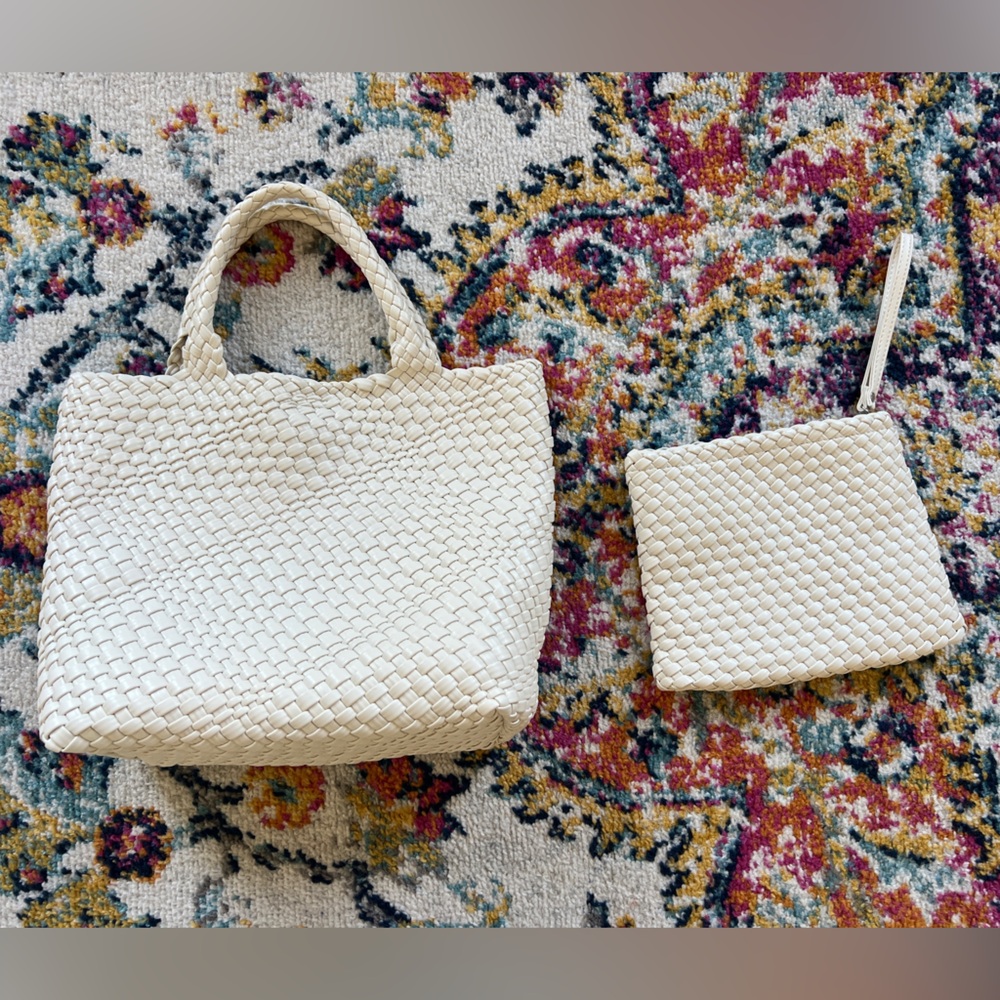 Rachel Zoe ivory woven vegan leather tote and matching clutch